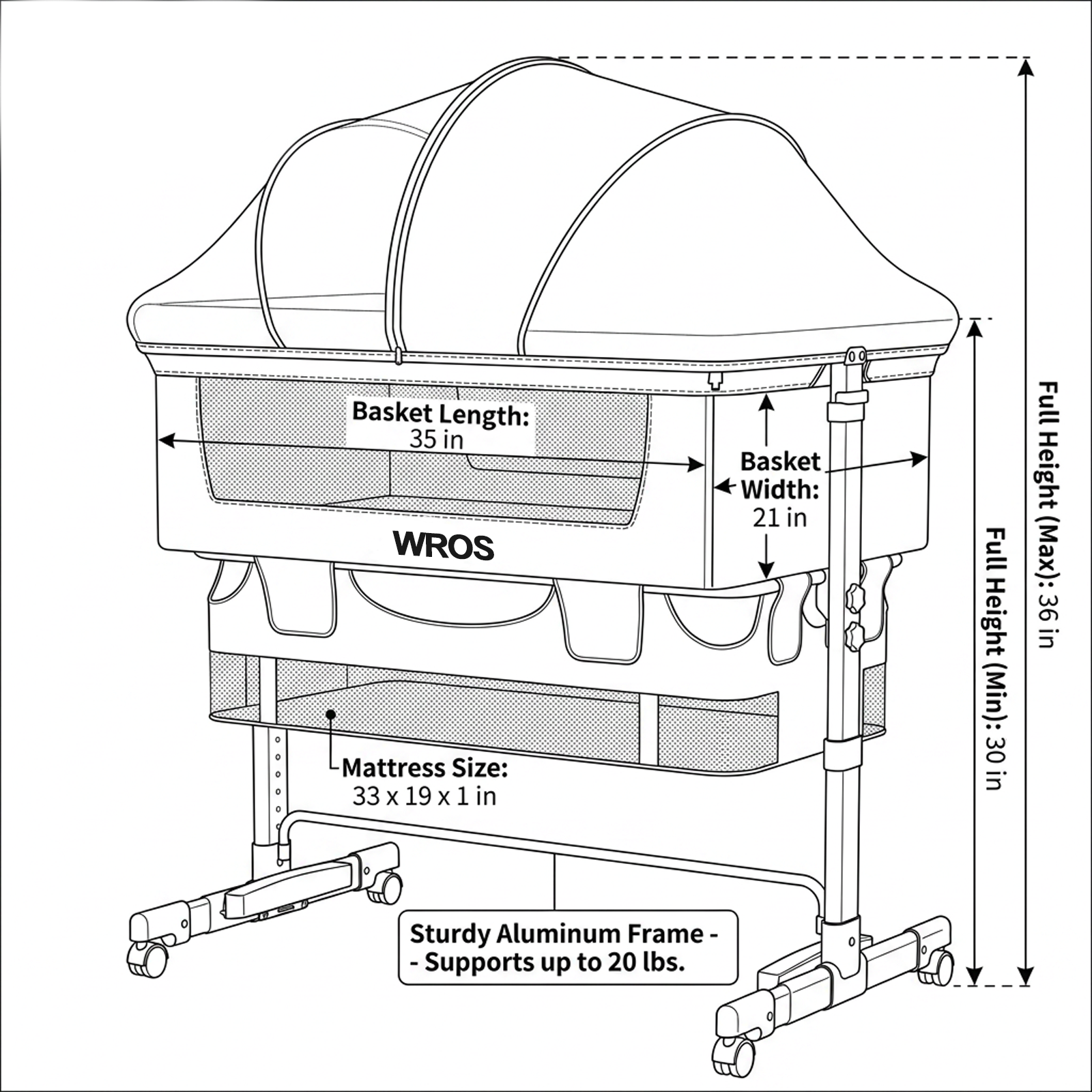 WROS 3-in-1 Baby Bassinet Bedside Sleeper with Adjustable Height, Mosquito Net and Lockable Wheels
