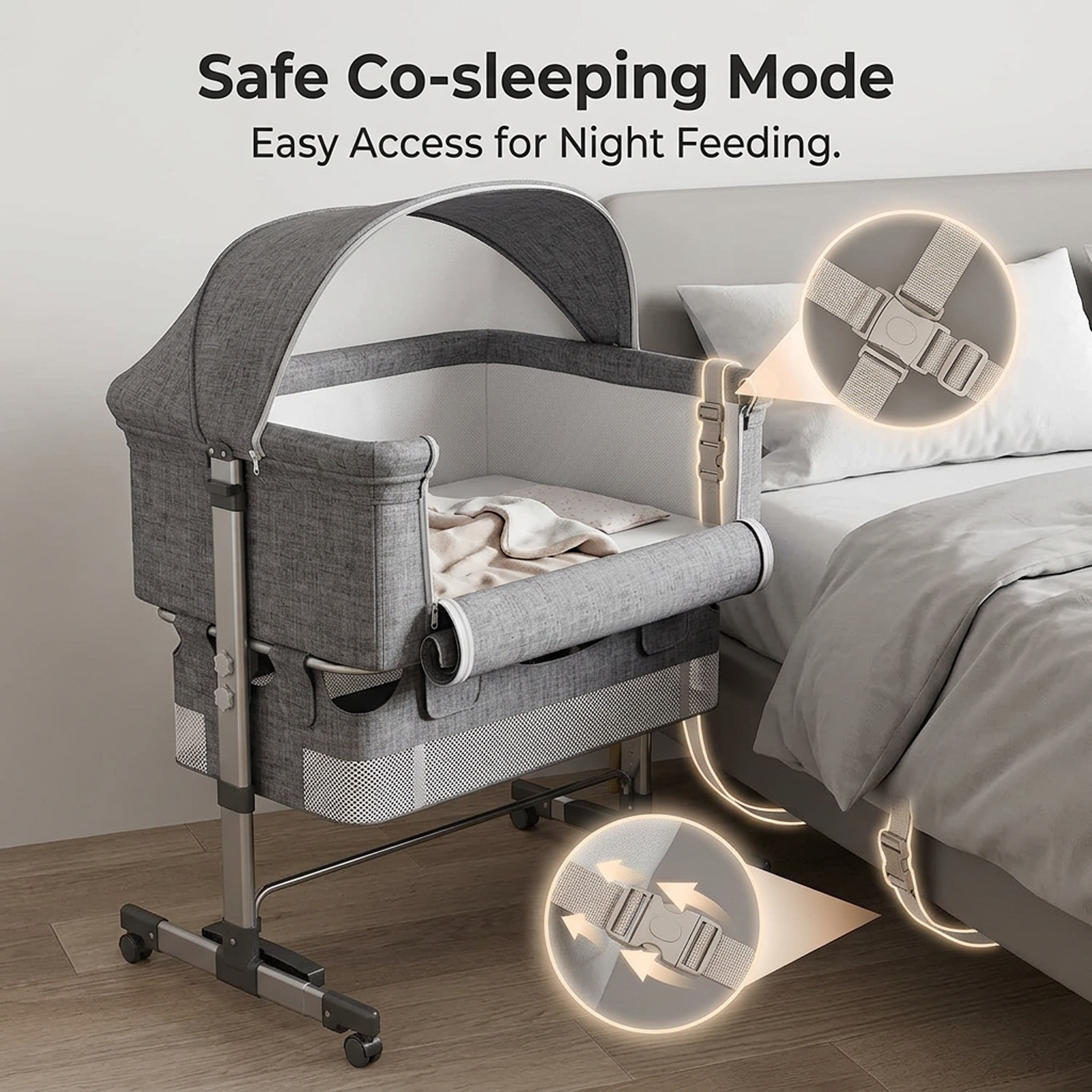 WROS 3-in-1 Baby Bassinet Bedside Sleeper with Adjustable Height, Mosquito Net and Lockable Wheels