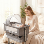 WROS 3-in-1 Baby Bassinet Bedside Sleeper with Adjustable Height, Mosquito Net and Lockable Wheels