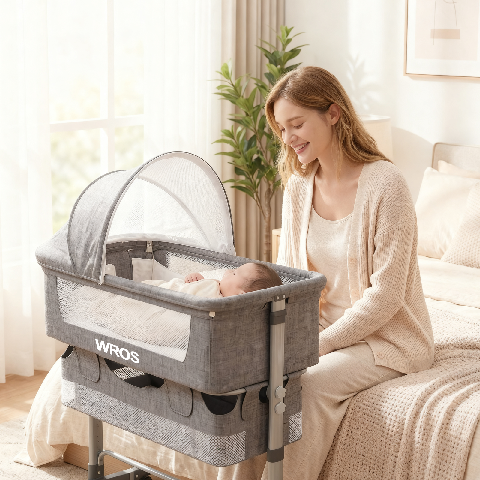 WROS 3-in-1 Baby Bassinet Bedside Sleeper with Adjustable Height, Mosquito Net and Lockable Wheels